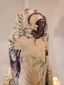 Animal & Plant Print Faux Silk Lace Trim Women Long Nightgown - Black - View 8