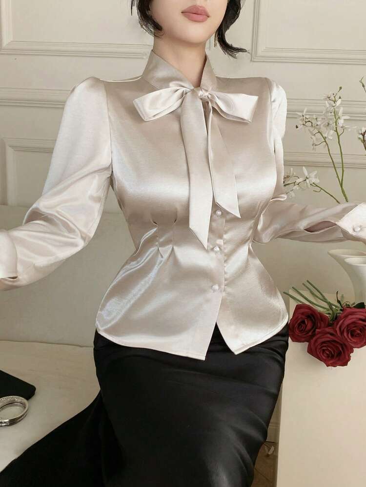 Spring/Summer Casual Cinched Waist Bow Decor Elegant Commuter Women Shirt, Suitable For Valentine's Day, Wedding