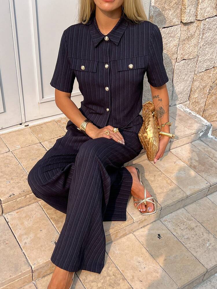 Elegant Women 2 Pieces Set: Navy Blue Top And Skirt, Casual, Work, Wedding, Spring/Summer