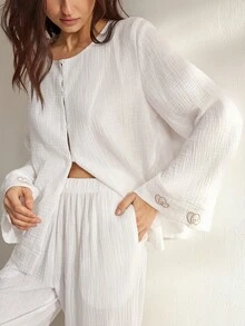 Ocili 100%纯棉舒适波西米亚刺绣贝壳纽扣长袖休闲女式睡衣套装 - 白色 - 查看 6