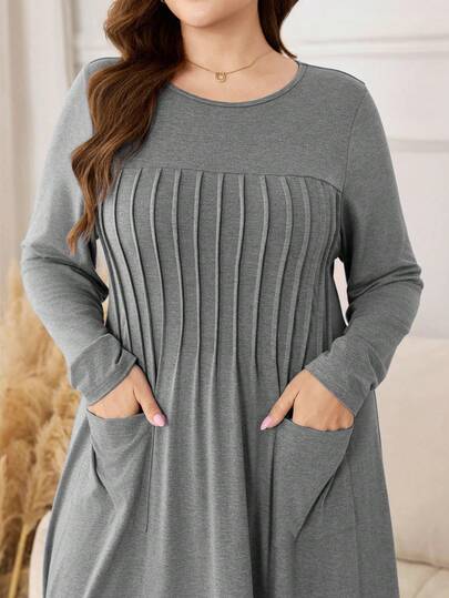 Lacomfia Knitted Stretchy Hazy Blue Long Sleeve Pleated Pocket Minimalist Casual Loose Soft Plus Size Dress For Women