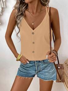 SHEIN LUNE Women's Solid Color Button Design Casual Loose Camisole - Khaki - View 5