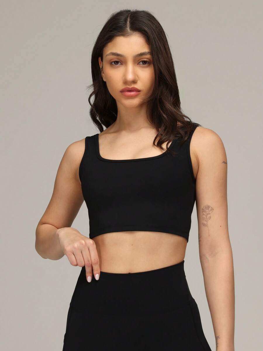 Sigmas Women's Square Neck Tank Yoga Workout Top - Black - View 1