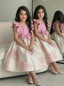 SHEIN Tween Girl Elegant Square Neck Ruffle Solid Color Patchwork Jacquard Fabric Dress Tween Girl - Pink - View 2