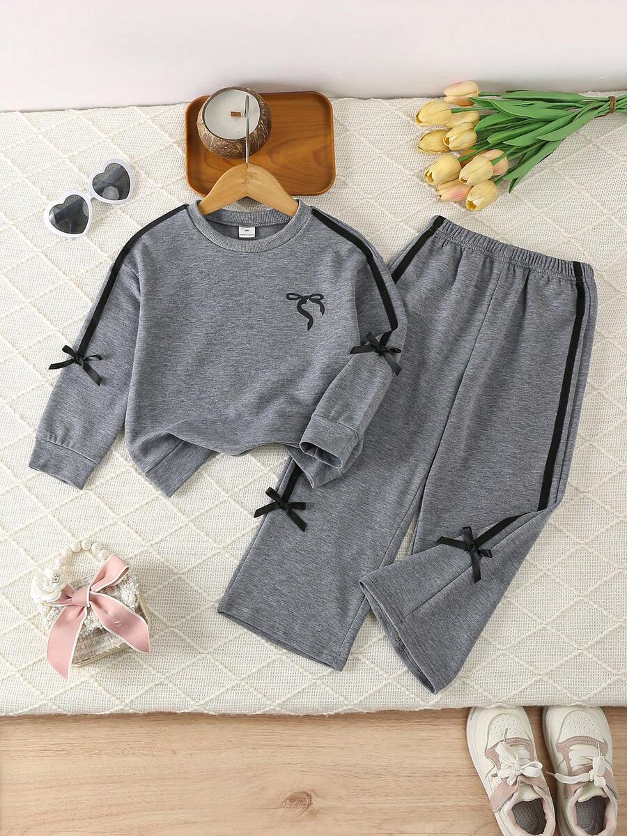 Genkimix Kids 2pcs/Set Purple Bowknot Sweatshirt Outfit For Young Girl4-7 Years Old, Casual Sports Suit, Autumn - Dark Grey - View 1