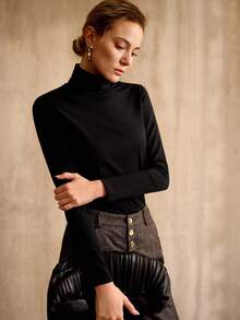 MOTF PREMIUM MINIMALIST COTTON BLEND TURTLENECK LONG SLEEVE FITTED T-SHIRT, SPRING/AUTUMN/WINTER - Black - View 5