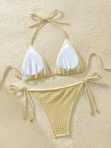 Swim Mod 2026春夏新款女士泳装上市，适合度假、约会、西部风情、邮轮、海滩、海岛、公路旅行、四季皆宜、音乐节、波西米亚风度假、秋日休闲、Y2K波西米亚风纯色系带性感比基尼泳装套装，夏季海滩 - 淡黃色 - 查看 2