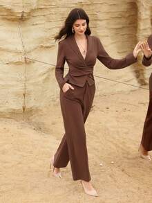 Modelyn Damen braune Washed Bindegürtel elegante Bluse und gerade Hose, Frühling/Sommer - Braun - Übersicht 5