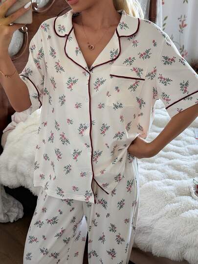 CottageSlumber 2pcs Women's Ditsy Floral Lapel Short Sleeve Pajama Set, Spring/Autumn Home Wear