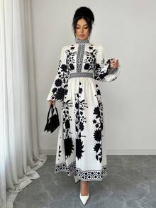 Rafferiza 女士优雅印花长袖连衣裙 - 黑色 - 查看 4