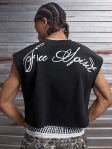 AXEPEAK 男士休闲字母印花宽松圆领背心，夏季 - 黑色 - 查看 1