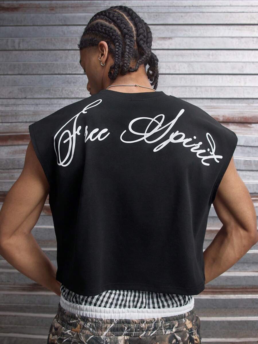 AXEPEAK 男士休闲字母印花宽松圆领背心，夏季 - 黑色 - 查看 1