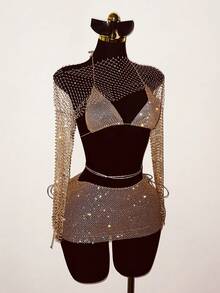 SHEIN DivaQ Women's Fashion Sexy Rhinestone Halter Top And Mini Skirt With Long Sleeve Top Party Outfit Set - Champagne - View 7