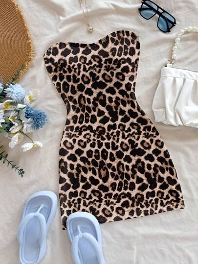 Soleia Women's Sexy Leopard Print Bodycon Strapless Mini Dress, Summer Fashion Holiday