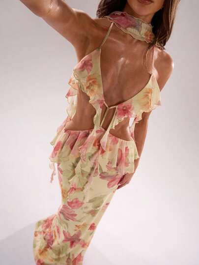 SHEIN BAE Women's Floral Print Patchwork Ruffle Trim Hollow Out Sexy Halter Dress, Vacation