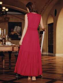 Anewsta Spring/Summer Red New Women's Round Neck Sleeveless Heavily Embroidered Ruffle Hem Waist Cinched Banquet Formal Long Dress - Red - View 3