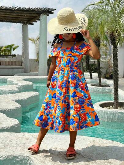 This Is A Long Dress For Tween Girls, Suitable For Girls To Wear On Holidays. It Features A Tropical Plant Print, A One-Shoulder Design, And Ruffles On The Shoulders. It's A Perfect Summer Dress For Girls.
