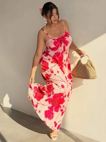 Firerie 大码女士优雅浪漫度假褶皱长裙，度假风红色扎染印花A字系腰飘逸连衣裙，适合婚礼、性感海滩、西部度假、音乐节、夏季波西米亚风连衣裙 - 彩色 - 查看 1