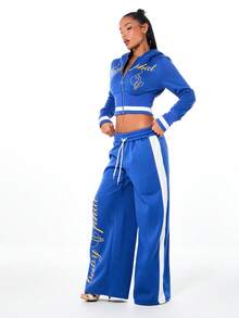 BABYPHAT Women's Cropped Full Zip Hooded Sweatshirt With Yellow Script Text Front Graphic Print Royal Blue Casual Streetwear - Blue - View 5