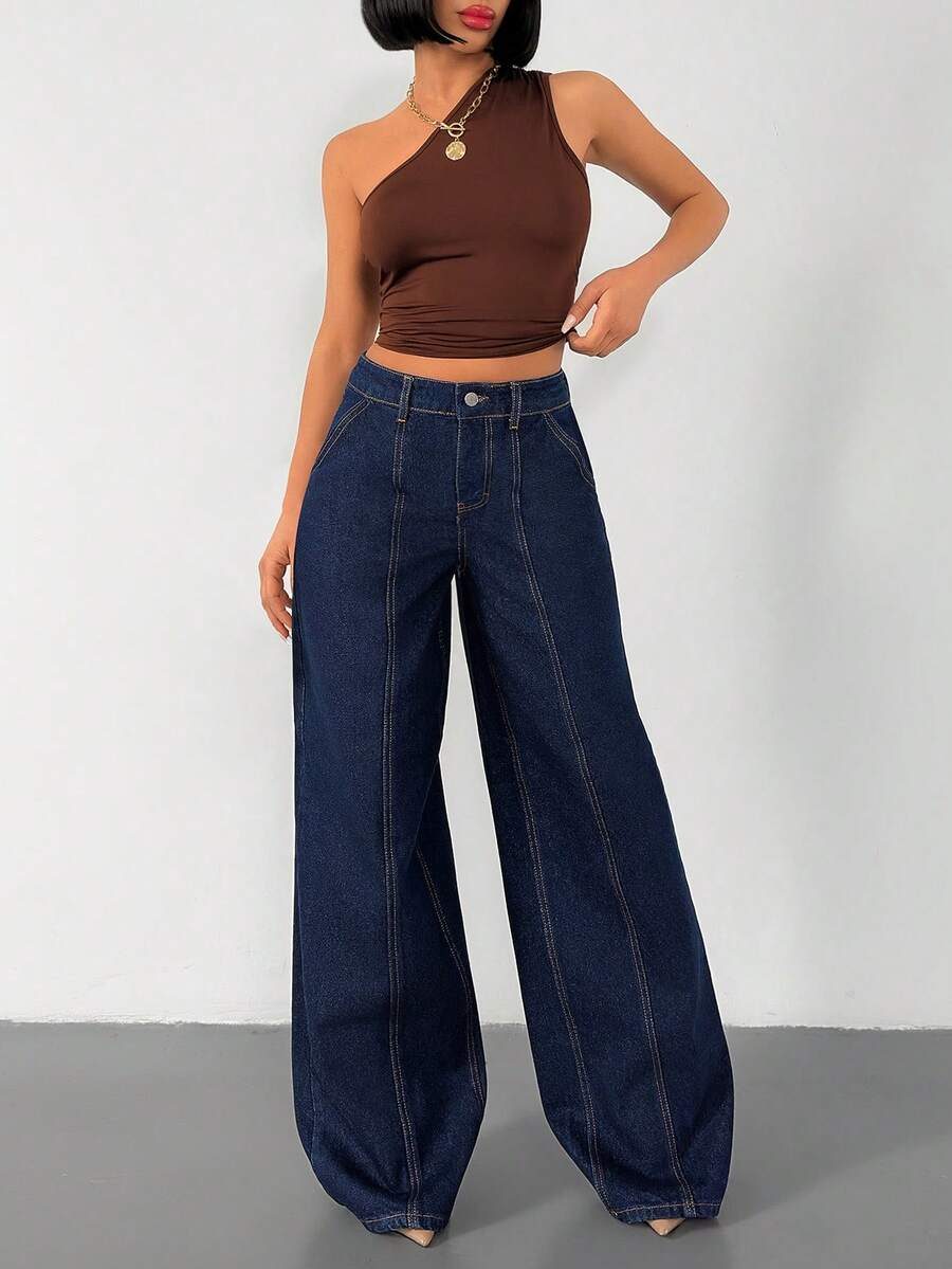 SHEIN High Waist Sewing Detailed Wideleg Jean - Dark Wash - View 1