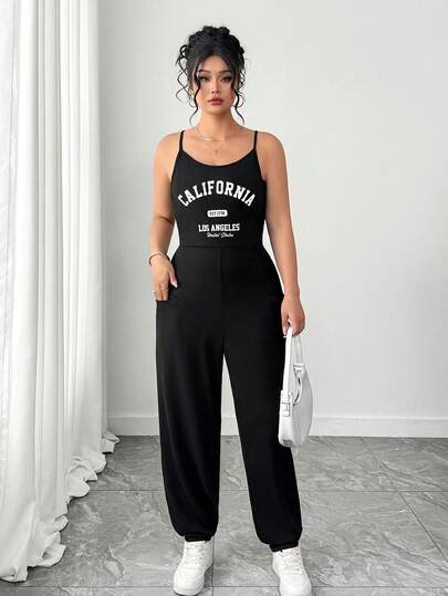 Elenzga Plus Size Letter Print Casual Fashionable Jumpsuit