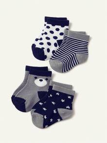 Cozy Pixies 4 Pairs Of Baby Socks, Blue Striped Star Polka Dot Bear Cute Socks, Suitable For Indoor And Outdoor Wear - Multicolor - View 5