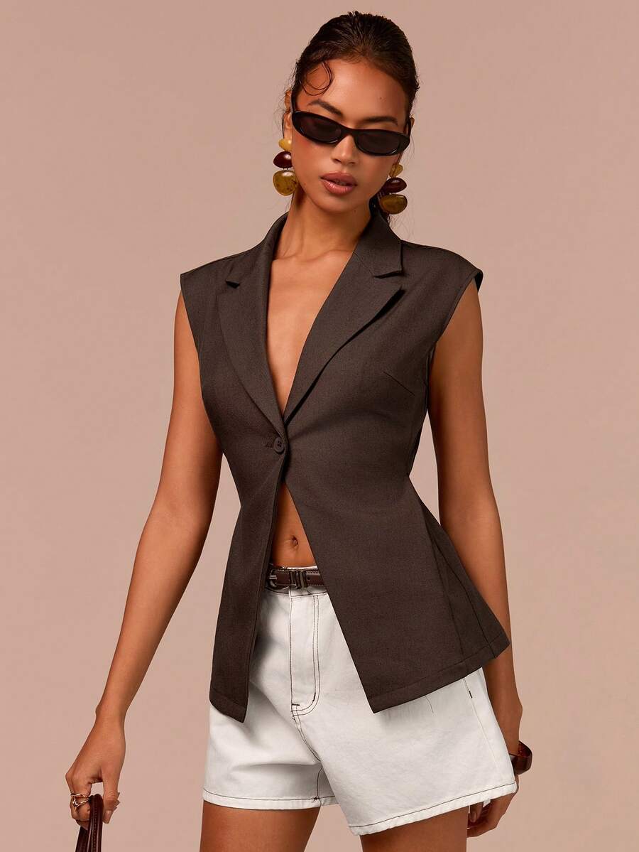 COSMINA Women's Elegant Cinched Waist Button Deep V Shoulder Sleeve Satin Blouse, Versatile For Commute, Daily Wear, Boho Vacation, Valentine's Date, Wardrobe Staple - Brown - View 1