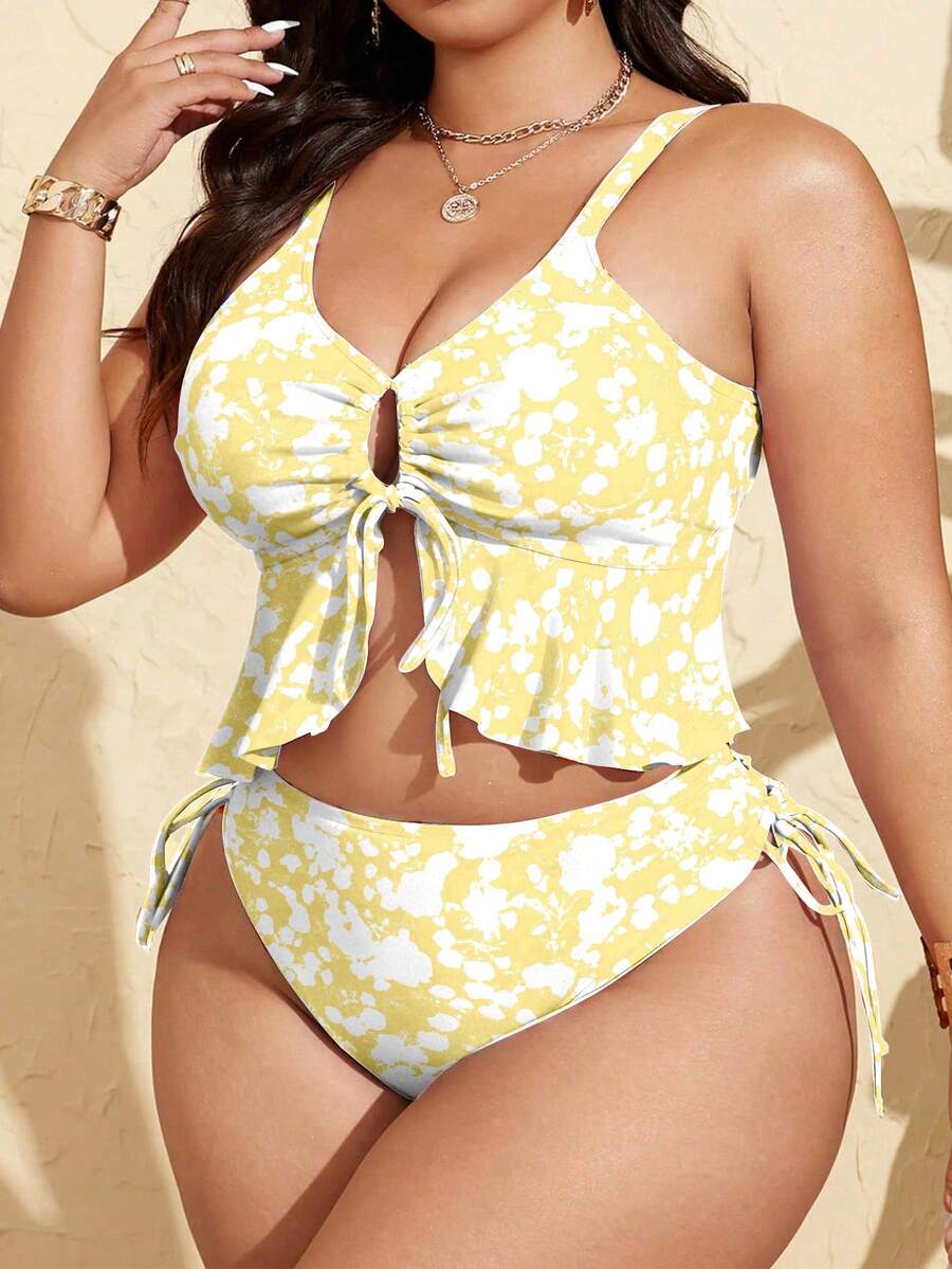 Swim Mod 大码女士黑色碎花荷叶边挂脖系带两件式泳衣 - 黃色 - 查看 1