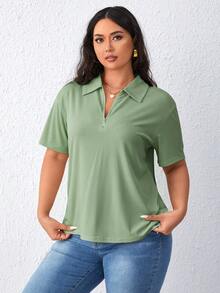 SHEIN Essnce 大码女式休闲日常通勤简约纯色半拉链翻领短袖T恤 - 薄荷綠 - 查看 4