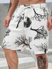 Manfinity RSRT Pantalones cortos casuales de playa con bolsillos en diagonal, cordón en la cintura y estampado total para hombres - Blanco - Ver 6