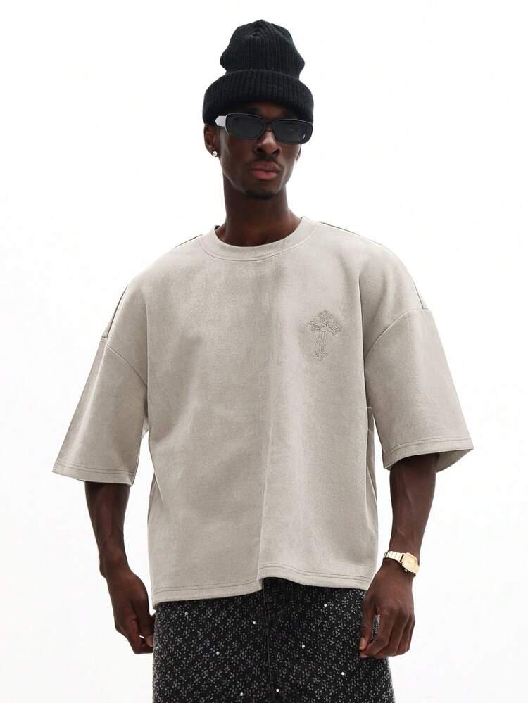 Oversized Cross Embroidered Suede Texture T-Shirt