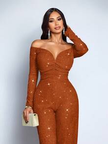 SOLERSUN Women's Fashionable Elegant V-Neck Off Shoulder Long Sleeve Party Night Club Sparkly Fabrics Jumpsuits, Suitable For Christmas Party Valentine's Day Dating - Rust Brown - View 6