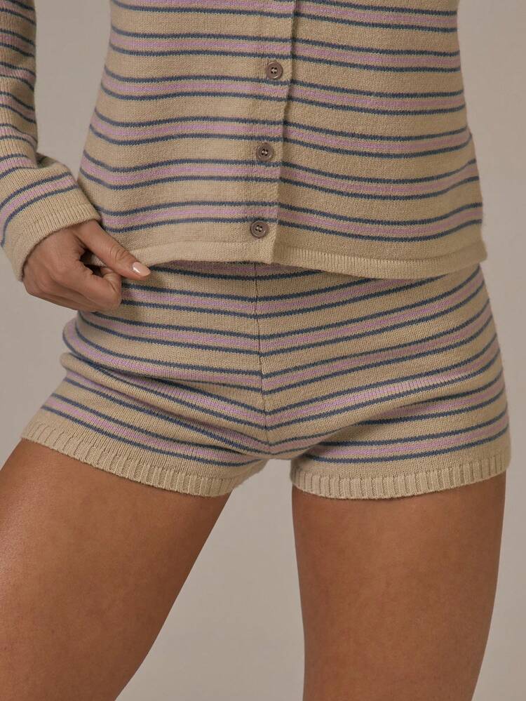 MUSERA Stripe Knit Fitted Mini Shorts Spring Summer Cute Cosy Cottage Core Spring Dew - Multicolor - View 1