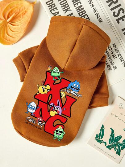 PETSIN 1 Sudadera con capucha para mascotas con estampado de letra de monstruo pequeño, traje para mascotas grueso y cálido de color marrón para otoño e invierno
