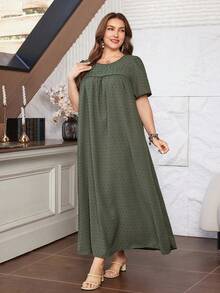 Lacomfia Casual Minimalist Pom-Pom Jacquard Round Neck Loose Fit Regular Midi Dress, Plus Size, Spring/Autumn - Green - View 5