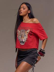 MUSERA 肩部印花豹纹超大短款T恤，酷女孩必备，外出性感，豹纹印花，女士服装，圣诞节女装，优雅假日，春夏派对 - 紅色 - 查看 5