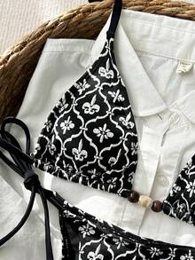 Swim Vcay 2pcs/Set Black & White Textured Fabric Beaded Halter Neck Front Sexy Bikini Swimsuit Set For Women - Black and White - View 4