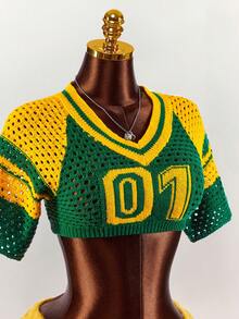 Amplova Women's Numeric Jacquard Hollow Out Short Sleeve Cropped Knit Top And Knitted Blend Mini Skirt Sexy 2-Piece Set - Multicolor - View 6