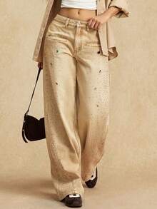 Easelle Quần jeans ống rộng dáng rộng thiết kế gợi cảm dành cho nữ, phong cách thoải mái - Màu Khaki - Xem 11