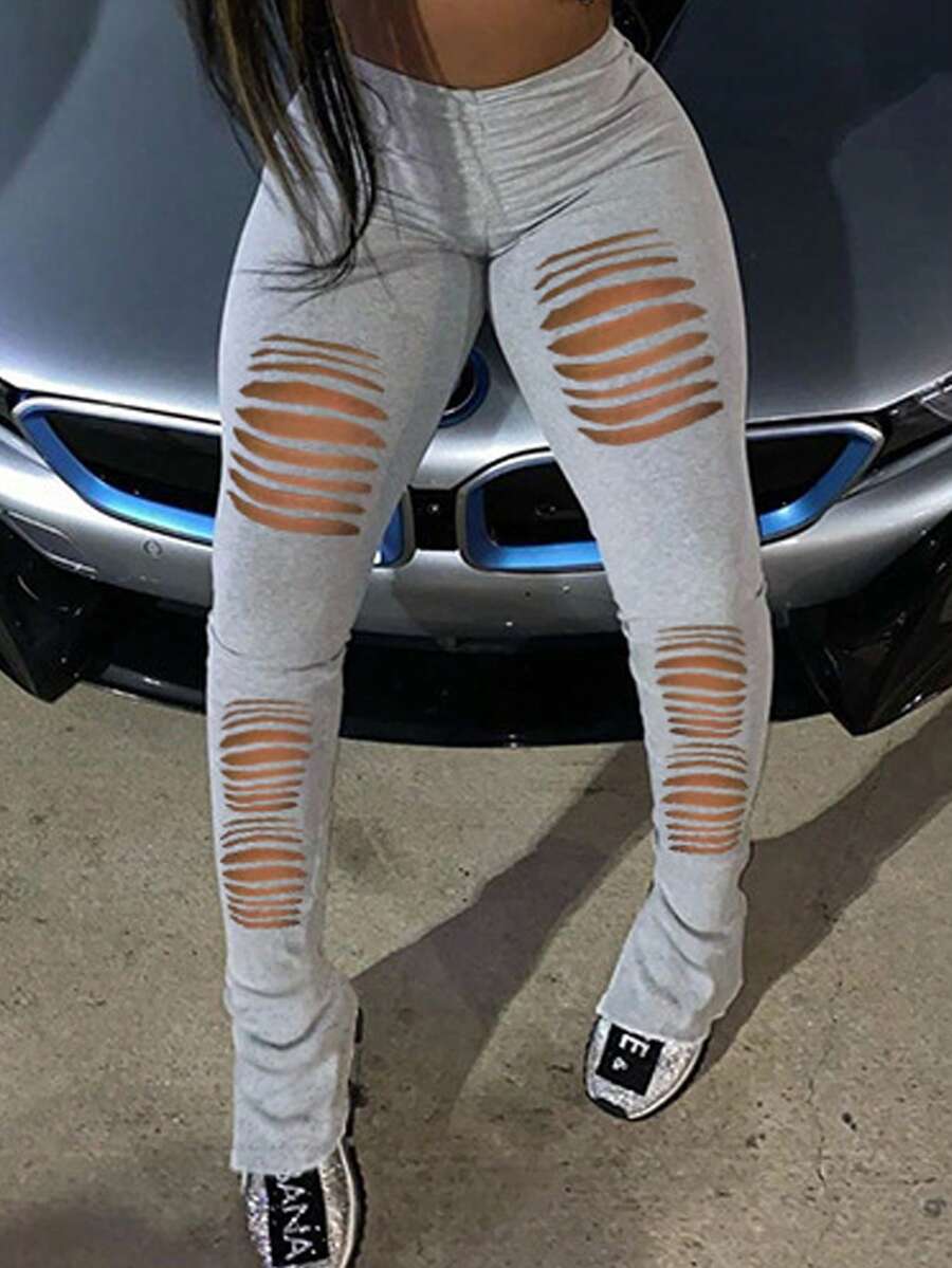 Rovax Ripped Sexy Flare Sweatpants Graduation,Back To School Outfits,Graduation,Teacher Outfits For Women,Back To School Fall Cloth For Women - Grey - View 1