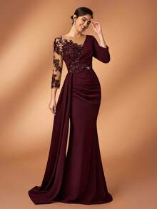 Serin Elegant Luxurious Pearl Beaded Mesh Sleeve Ruched Mermaid Hem Stretch Knit Dress, Suitable For Weddings, Parties, Holidays, Bridal Showers, Galas - Maroon - View 1