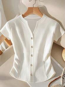 SHEIN Franclia 女士休闲日常通勤简约纯色V领T恤，夏季罗纹针织上衣白色纽扣短袖针织衫，女士夏季休闲短袖衬衫罗纹衬衫可爱白色上衣夏季上衣女士针织上衣短袖开衫夏季白色罗纹针织上衣短袖纽扣上衣女士夏季针织衫 - 白色 - 查看 3