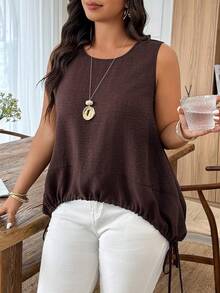 Weeklong Plus Size Women's Round Neck A-Line Drawstring Hem Front Short Sides Long Casual Vacation Blouse Shirt, Spring/Summer - Brown - View 3