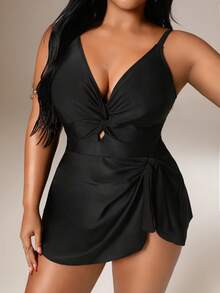 Auralis Plus Size Solid Color Twist Front Sleeveless Fitted Summer Beach Cropped Tank Top Bikini - Black - View 7