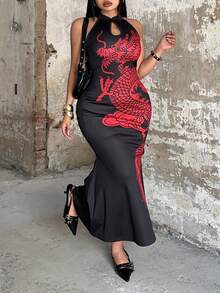 POPSWAY Vestido maxi cheongsam de punto jacquard con estampado de dragón para tallas grandes - Negro - Ver 3