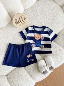 Newborn Baby Boy Cute Summer Knitted Cartoon Pattern Striped Short Sleeve T-Shirt And Shorts Set Baby Boy Summer Outfit Baby Boy Short Sets Baby Boy Bear Outfit Baby Boy Navy Shorts Baby Boy Clothes With Bears - Navy Blue - View 4