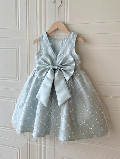 PrepCrw 1pc Young Girls' Elegant Urban School Style Green Bow Decor Sleeveless Round Neck Tulle Beaded Embroidered Princess Party Dress, Suitable For Parties, Gatherings, Festivals, Spring, Summer, Valentine's Day, Weddings Tulle Dress For Girls Sequin Detail Girls Dress Dusty Blue Dresses For Little Girls Girls Dress With Big Bow Wedding Guest Fairycore Kids Wedding Guest Dress Young Girls Dresses Kids Easter Dresses Dress For Kids Princess Dress For Girls Party Dress For Girls Cocktail Dress