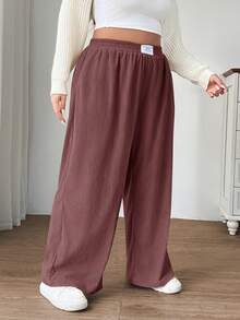 SHEIN EZwear 珊瑚粉色加大码女式灯芯绒高腰阔腿裤，带口袋和贴布设计，适合校园、日常穿着和室内工作，秋冬季款 - 珊瑚粉 - 查看 3