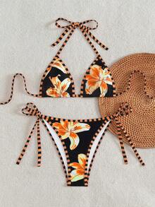 Swim Mod Women's New Floral Print Spaghetti Strap Backless Top And Side Tie Swim Bottoms Sexy Bikini Set Set - Black - View 4