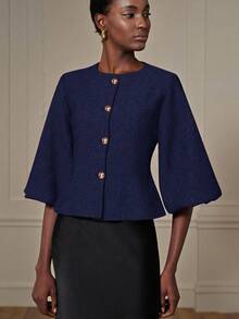 Aveloria Modichic Elegant French Retro Romantic Luxury High-End Design Herringbone Round Neck 3/4 Petal Sleeve Cinched Cinched Waist Metal Button Women's Blazer - Blue - View 4